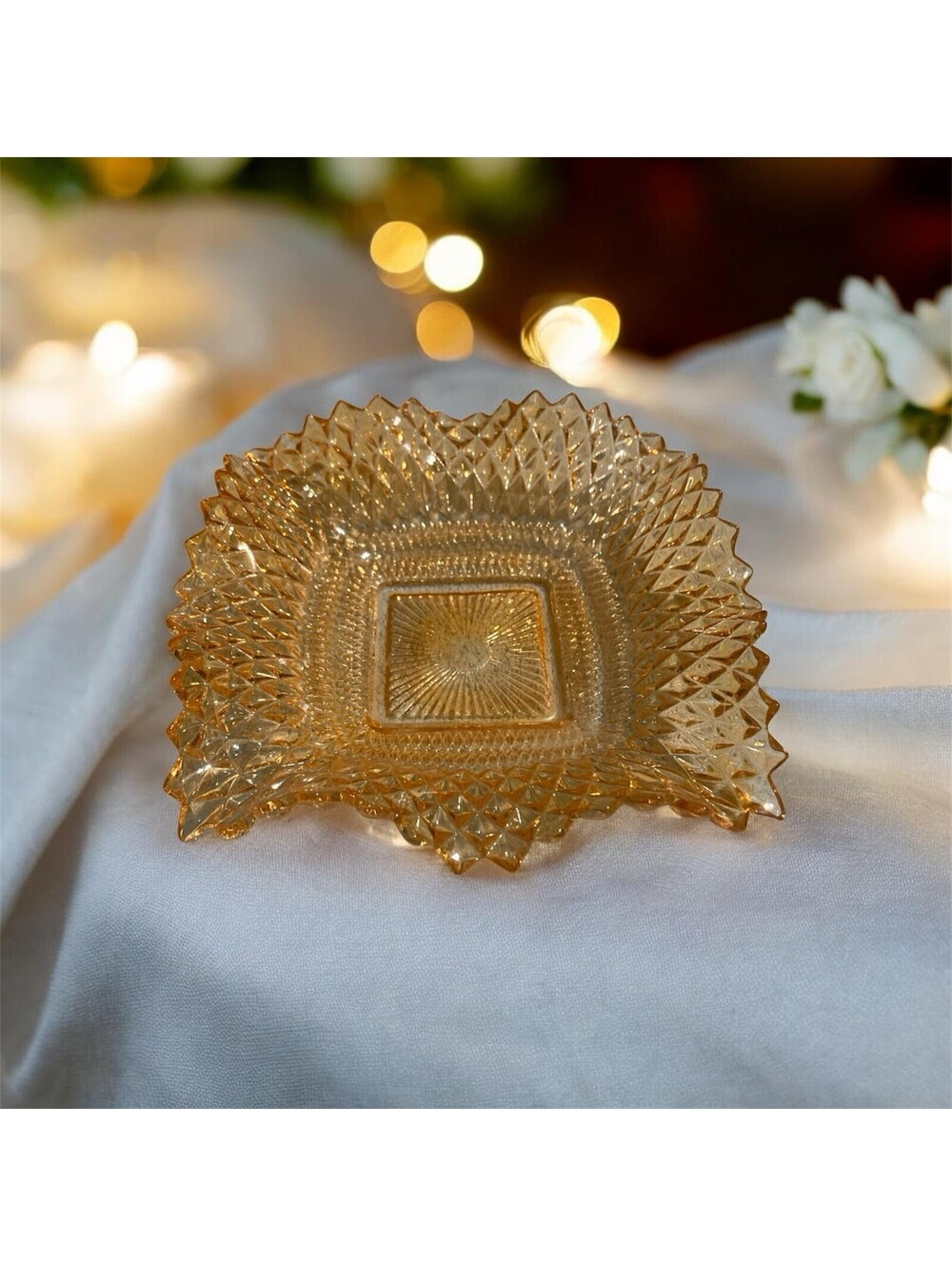 VTG Indiana Square Glass Nut Candy Dish Diamond Point Ruffled Sawtooth Edge